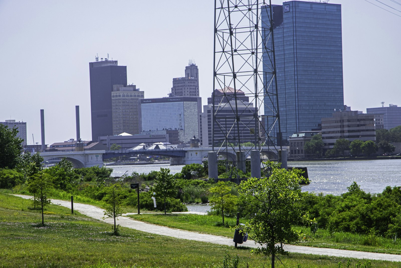 Downtown Toledo skyline and bridge viewed across the Maumee River from Glass City Metropark